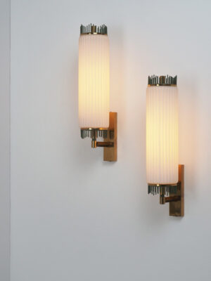 Pair of Brass & Ribbed Glass Sconces #4594